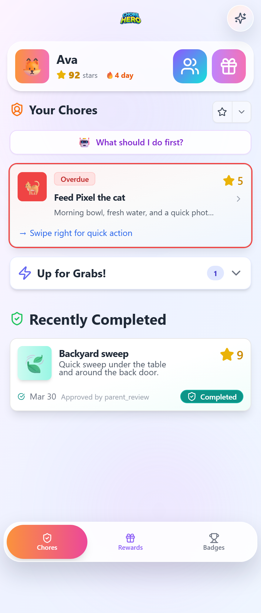 ChoreHero child dashboard showing chores and progress
