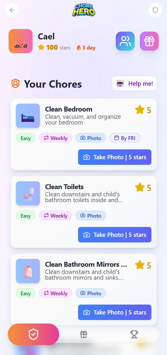 ChoreHero child dashboard showing chores and progress